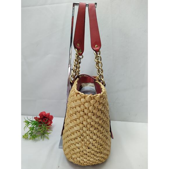 Michael Kors Santorini Straw Corn Husk Leather Trim Turn Lock Tote Shoulder Bag - Picture 16 of 16